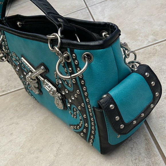 Women's Western Purse, Conceal And Carry Teal Black Bling, Country Glam Handbag - Picture 4 of 8
